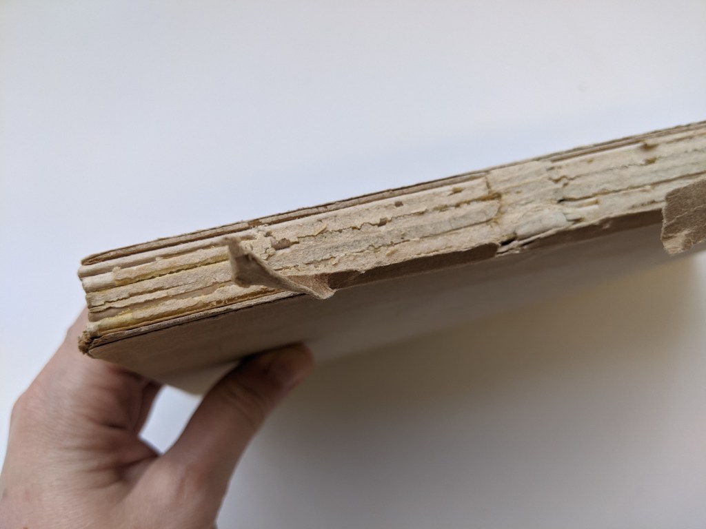 The spine of the book is visible where the dust jacket is missing areas. You can see the original spine lining paper and adhesives are cracking.