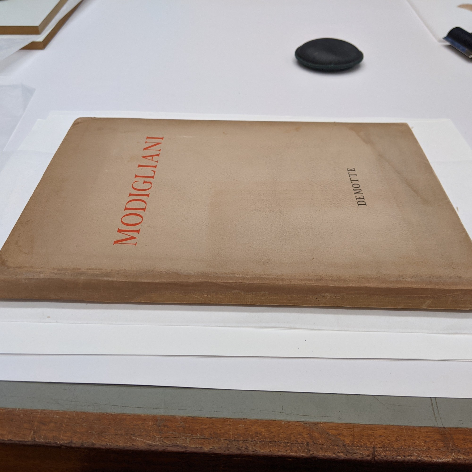The image shows the finished dust jacket after treatment. The losses have been infilled with toned Japanese paper so that it blends in with the original paper.