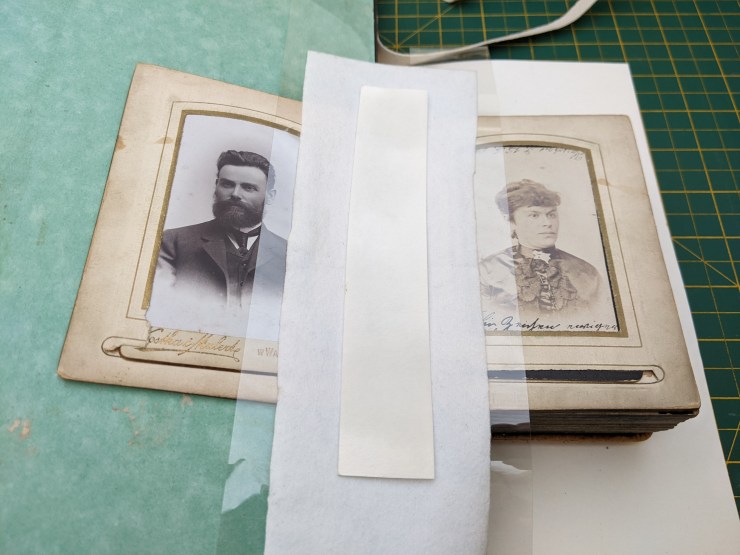 Holly Smith Book and Paper Conservation - Rambert Ballet Archive Carte de Visite - during treatment