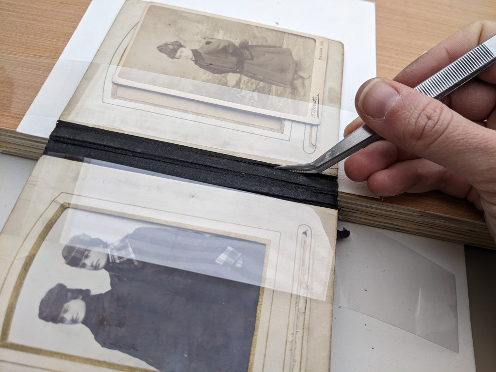 Holly Smith Book and Paper Conservation - Rambert Ballet Archive Carte de Visite - during treatment