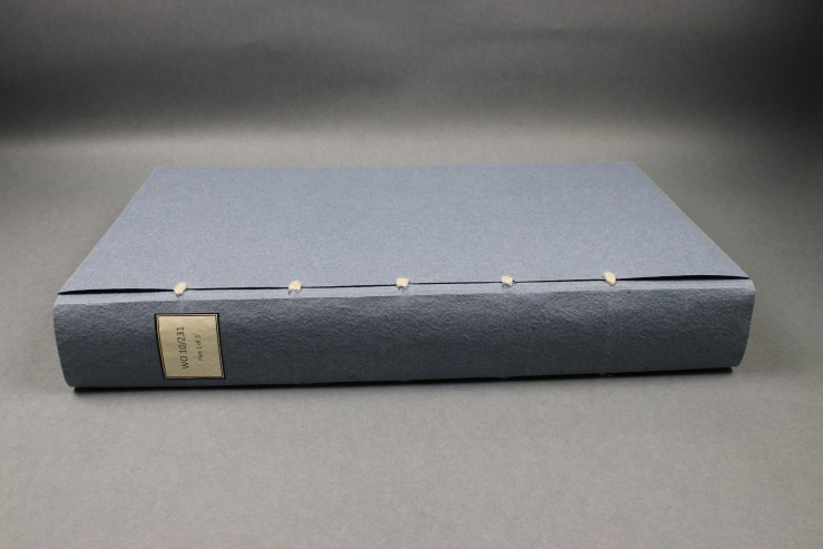 Conservation binding with a cover made from handmade card - the spine edge is visible.